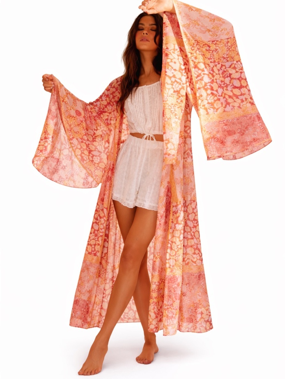 Floral Satin Long Kimono Robe in Pink and Peach